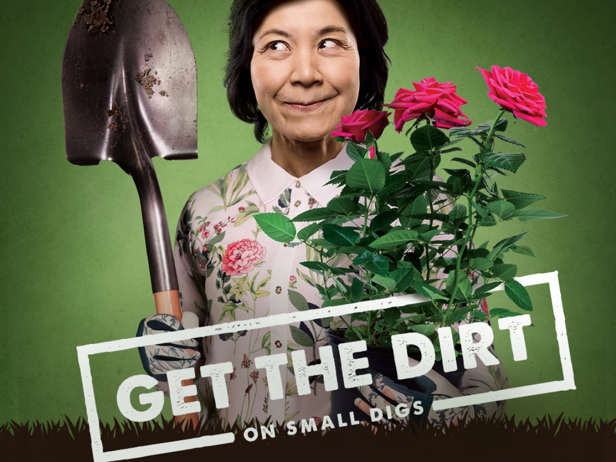 A lady holding a shovel in one hand and a rose bush in the other with a green background and black grass-like shadow along the bottom emblazoned with the words get the dirt on small digs, ontarioonecall.com 18004002255.